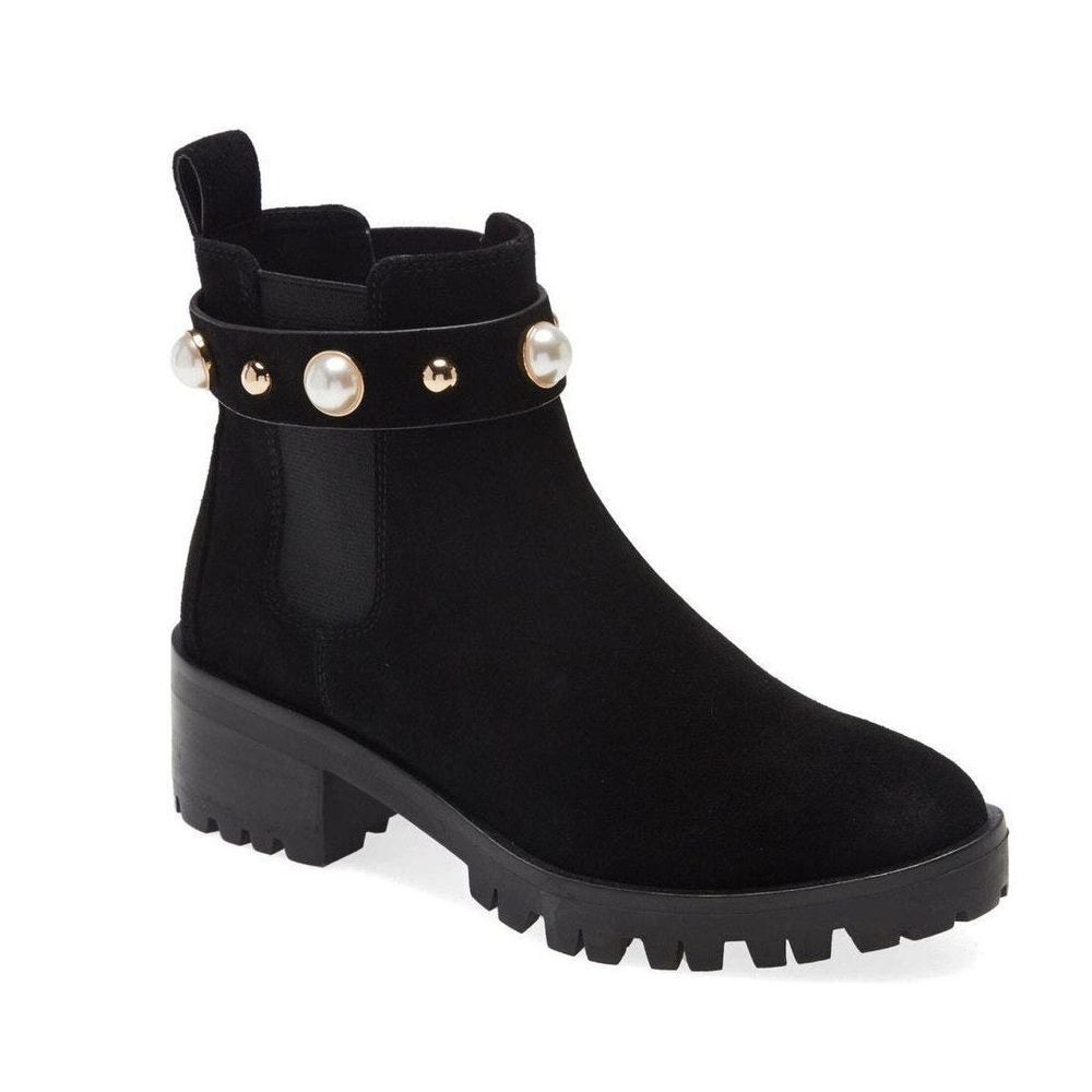 KARL LAGERFELD PARIS Womens Black Pearl 2 Inch Platform Pola‎ Suede Booties 9.5M
